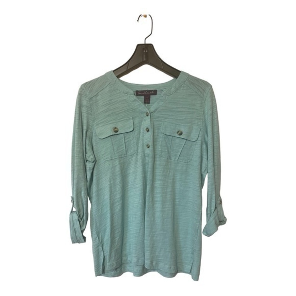 3/$25  Gloria Vanderbuilt Blouse Turquoise Long Sleeve V-Neck Womens Size Small